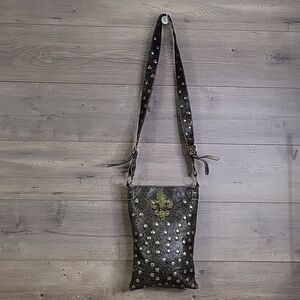 Bridget Shuster Brown Leather Brass Studded Crystal Crossbody Shoulder Bag Purse